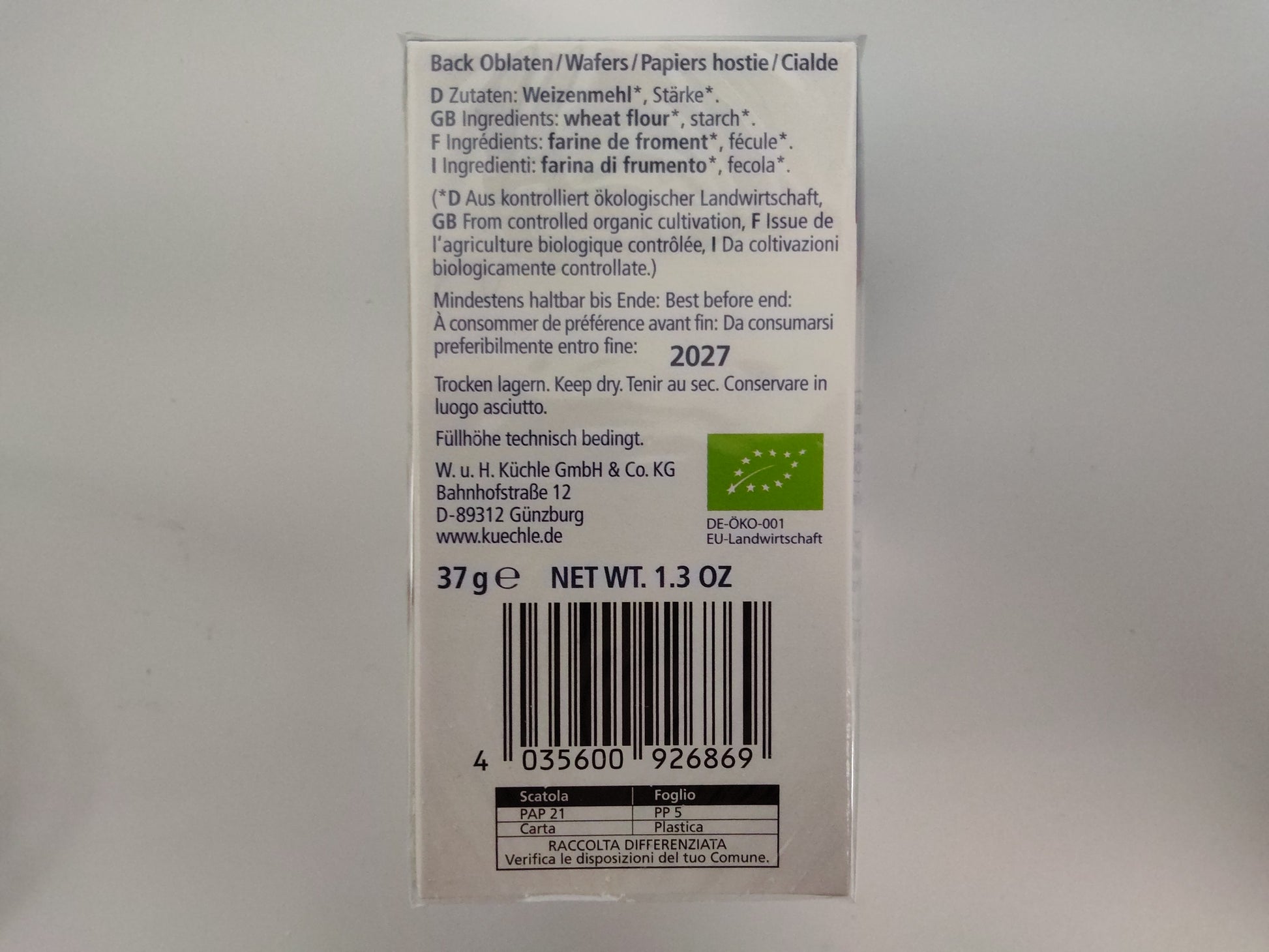 Küchle Bio Back Oblaten Baking Wafers, 1.76 oz (50g)