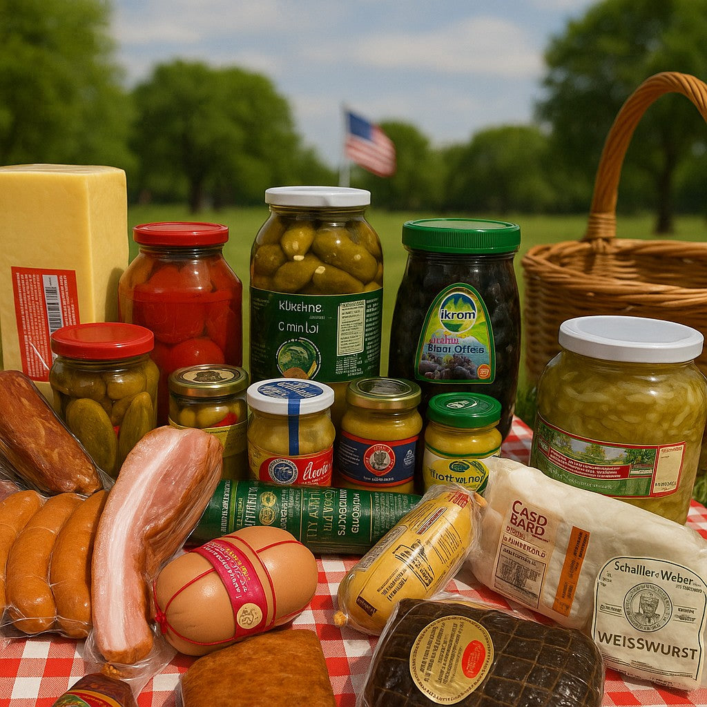 Assorted deli meats and pickled goods on a checkered tablecloth with an American flag in the background.