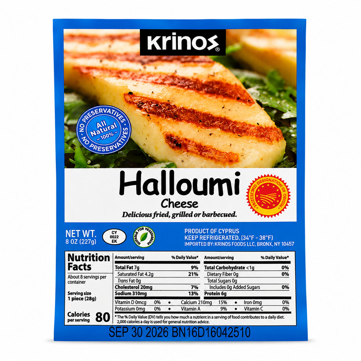 Krinos Traditional PDO Halloumi Cheese, 8.8 oz (250g)