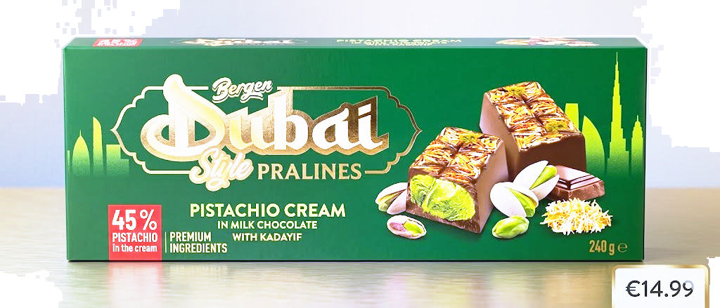 Bergen Dubai-Style Pistachio Cream Pralines – Milk Chocolate with Kadayif (240g)