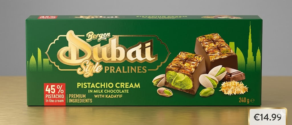 Bergen Dubai-Style Pistachio Cream Pralines – Milk Chocolate with Kadayif (240g)