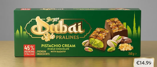 Bergen Dubai-Style Pistachio Cream Pralines – Milk Chocolate with Kadayif (240g)